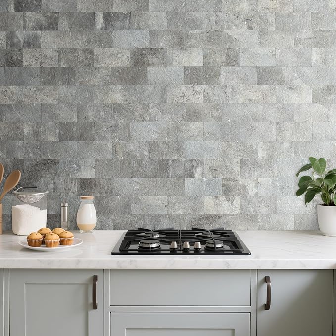 AULIGET 100 Piece Mountain Rock Peel and Stick Backsplash Wall Tiles, 3" x 6" PVC Faux Stone Stick on Tiles for Backsplash Kitchen, Bathroom, Laundry Room, Camper, Fireplace