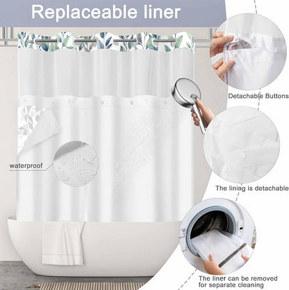 No Hook Shower Curtain and Liner Set, Green Eucalyptus 71x77 | Floral Design, with Snap in Liner, See-Through Top Window, Waterproof, Machine Washable, Quick-Drying, for Hotel Bathroom