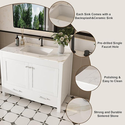 Montary 42" Bathroom Vanity with 43" Sintered Stone Carrara Gold Top, Modern Stylish MDF Bathroom Storage Cabinet, Vanity Set with 2 Doors and One Large Divided Drawer, White (Single Hole)