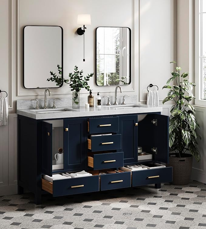 ARIEL Cambridge 60-inch Bathroom Vanity with Sink,Solid Wood, 2-inch Italian Carrara Marble Countertop, Double Rectangular Porcelain Sink, 4 Soft Closing Doors, 6 Dovetail Drawers, Midnight Blue
