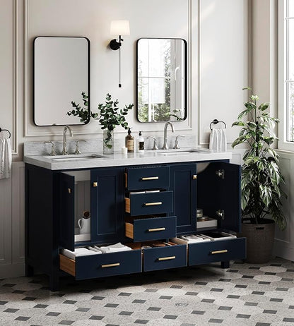 ARIEL Cambridge 60-inch Bathroom Vanity with Sink,Solid Wood, 2-inch Italian Carrara Marble Countertop, Double Rectangular Porcelain Sink, 4 Soft Closing Doors, 6 Dovetail Drawers, Midnight Blue