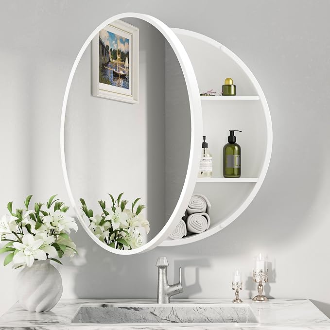 Keonjinn 24 Inch White Round Medicine Cabinet with Mirror, Rust Resistance | Circular Surface Mount Medicine Cabinets for Bathroom, Shatter-proof, Smooth Piano Hinge, Metal Frame, Magnetic Door Bumper