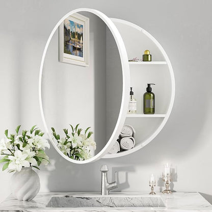 Keonjinn 24 Inch White Round Medicine Cabinet with Mirror, Rust Resistance | Circular Surface Mount Medicine Cabinets for Bathroom, Shatter-proof, Smooth Piano Hinge, Metal Frame, Magnetic Door Bumper