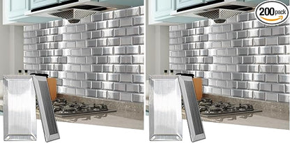 Art3d 100 Pcs Peel and Stick Backsplash Tiles, 3D Textured Metal Stick On Subway Wall Tiles for Kitchen Back Splashes, Bathroom, Laundry Room, 3 x 6 Inch, Stainless (Pack of 2)