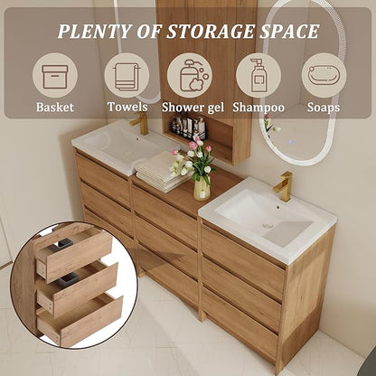 72" Bathroom Vanity Set, 72 Inch Modern Freestanding Vanity with 9 Drawers and 1 Wall-Mounted Side Cabinet, Double Resin Sinks Floor Stand Cabinet Set Imitative Oak