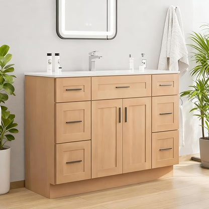 48Inch Bathroom Vanity with Sink, 6 Drawers & Soft-Close Doors, Integrated Ceramic Top, Thickened Panels & Reinforced Wooden Frame, Freestanding Bathroom Storage Cabinet(Natural Oak)