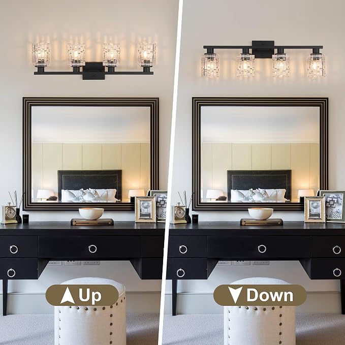 4 Light Matte Black Bathroom Vanity Light Over Mirror, Modern Vanity Lighting with Crystal Glass Shade, Wall Mount Bathroom Light Fixtures, E26 Base
