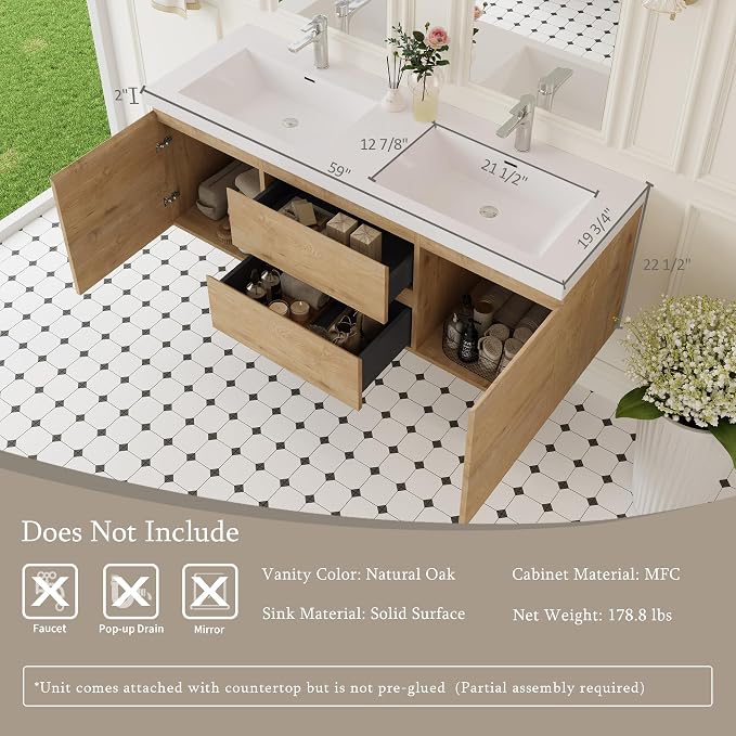 60 Inch Floating Bathroom Vanity with Double Sinks | Storage Cabinet with Sink Natural Oak Wall Mounted Cabinet, Solid Surface Top, 4 Soft Close Drawers, Fully Assembled