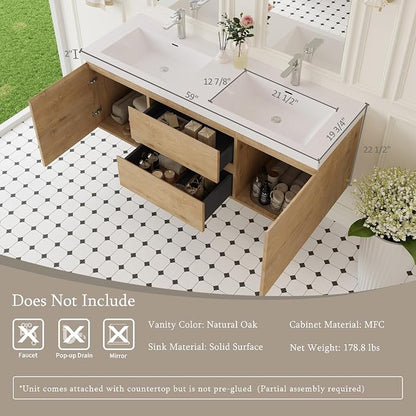 60 Inch Floating Bathroom Vanity with Double Sinks | Storage Cabinet with Sink Natural Oak Wall Mounted Cabinet, Solid Surface Top, 4 Soft Close Drawers, Fully Assembled