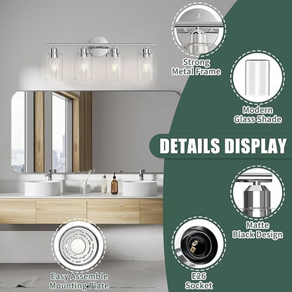 Espird Bathroom Vanity Light Fixtures Polished Chrome,4 Lights Rustic Farmhouse Vanity Bar Lighting Over Mirror Modern Industrial Wall Sconces Lamp with Cylinder Glass Shade