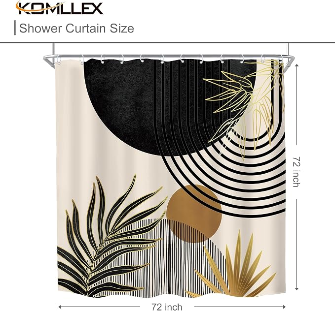 Mid Century Black Gold Boho Abstract Modern Bathroom Shower Curtain Set | 72Wx72L Green S design, waterproof HD print with fast-drying fabric and 12 hooks.