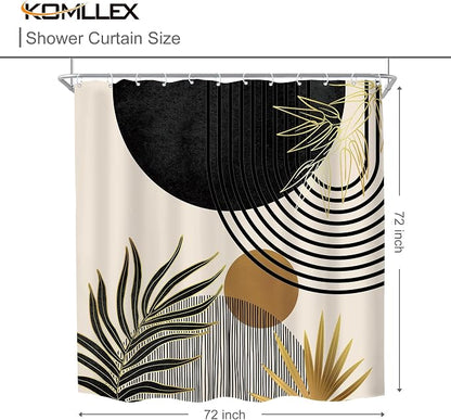 Mid Century Black Gold Boho Abstract Modern Bathroom Shower Curtain Set | 72Wx72L Green S design, waterproof HD print with fast-drying fabric and 12 hooks.