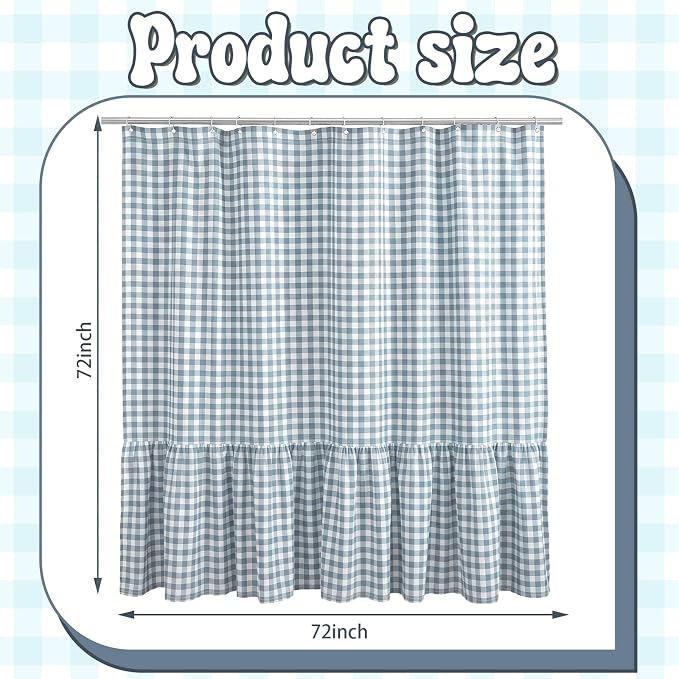 HunnmingRe Ruffle Hem Gingham Shower Curtain Dust Blue | 72'' x 72'' Vintage Farmhouse Curtain, Cotton Cottage Core Rural Checkered Plaid Decor, Fall Shower Curtain for Bathroom