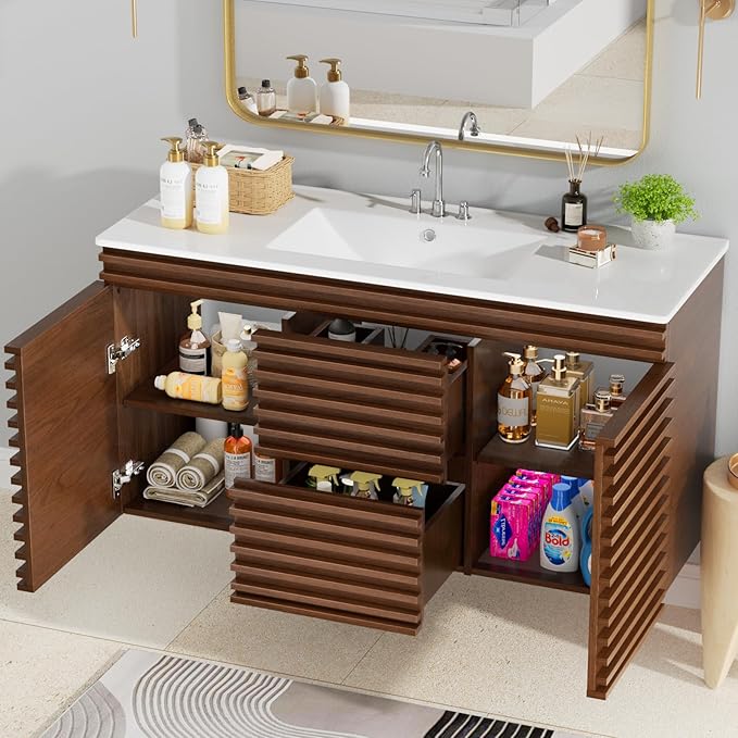 ROOMTEC 48" Bathroom Vanity with Ceramic Sink Combo, Mid-Century Wall Mounted Floating Vanity Cabinet with 2 Closing Doors, Wood Grain Texture, Walnut