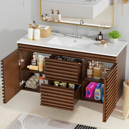 ROOMTEC 48" Bathroom Vanity with Ceramic Sink Combo, Mid-Century Wall Mounted Floating Vanity Cabinet with 2 Closing Doors, Wood Grain Texture, Walnut