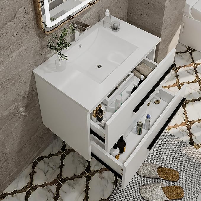 30 Inch Floating Bathroom Vanity - White Modern Wall Mounted Vanity with Sink, Soft-Close Two Drawers, Black Handles & Smooth Motion Glides (White, 30")