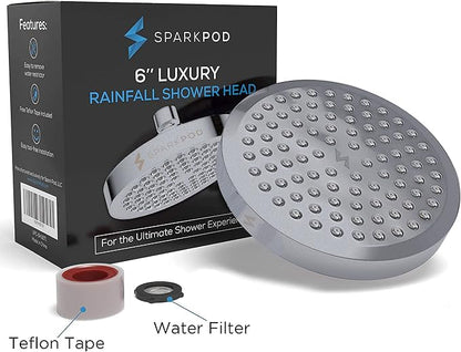 SparkPod Rain Shower Head, 6 Inch Round, Charcoal Grey Finish | High Pressure Shower Heads, 90 Nozzles, Adjustable Showerhead, No Tools Needed, Universal Connection