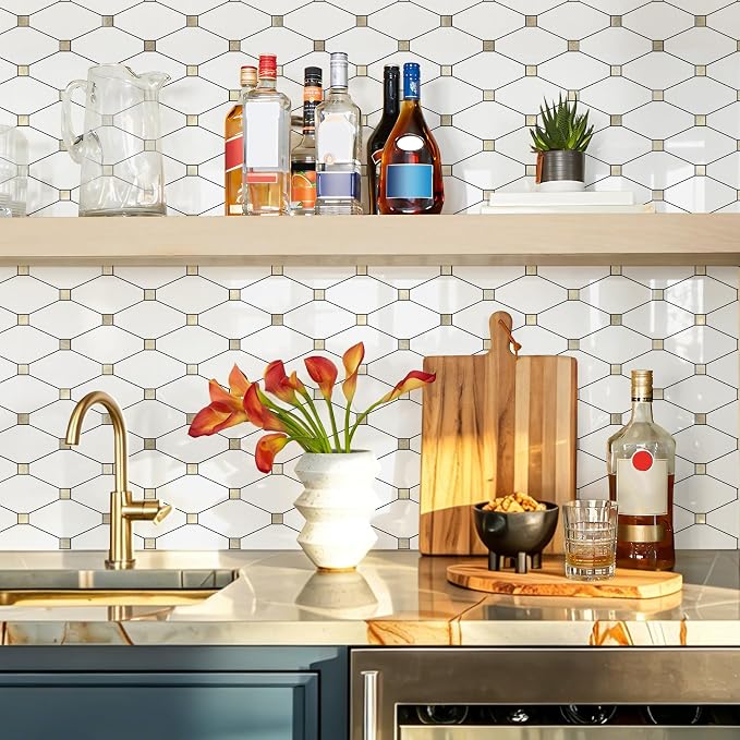 STICKGOO 1 Sheet Peel and Stick Backsplash, Glossy White PVC Mixed Metal Gold Kitchen Backsplash, Stick on Wall Tiles for Kitchen, Bathroom, RV