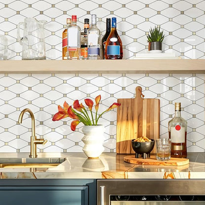 STICKGOO 10 Sheets Peel and Stick Backsplash, Glossy White | PVC Mixed Metal Gold Kitchen Backsplash, Waterproof, Stick on Wall Tiles, For Kitchen, Bathroom, RV