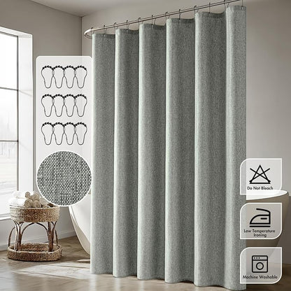 ANRODUO Grey Linen Textured Fabric Shower Curtain Set - W70xL72 | Farmhouse Shower Curtain with 12 Metal Hooks, Waterproof Heavy Duty, Button Hole Design, Machine Washable for Bathroom