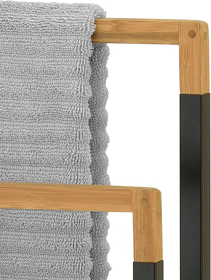 MyGift 33 Inch Standing Towel Rack, Freestanding Bath Towel Holder with 3 Tier Bamboo Wood Bar and Black Chrome Plated Metal, Drying Rack Stand for Bathroom, Laundry