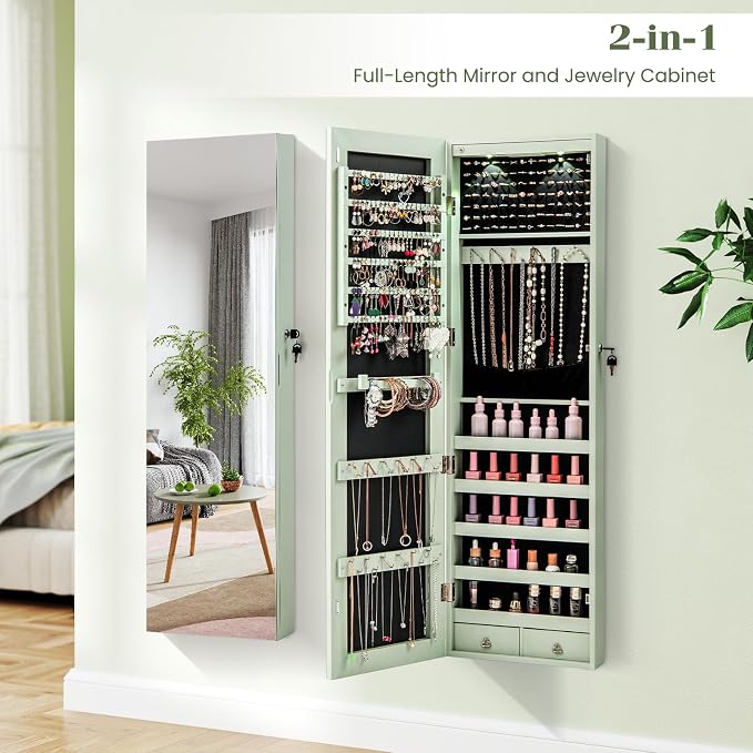 LDAILY Jewelry Armoire Wall or Door Mounted, Full-Length Mirror with Storage, Lockable Mirror Jewelry Cabinet w/ 2 Drawers, LED Lights, Over the Door Jewelry Organizer Box for Women Girls