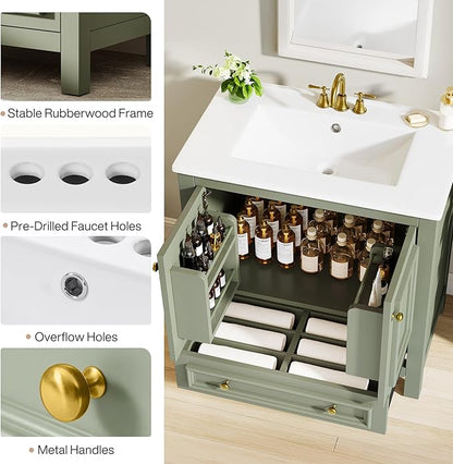 Tribesigns 30" Modern Bathroom Vanity with Sink, Freestanding Bathroom Vanities Cabinet with Ceramic Basin Combo, Bathroom Sink Cabinet with 2 Doors and 1 Drawer, Solid Wooden Frame, Olive Green
