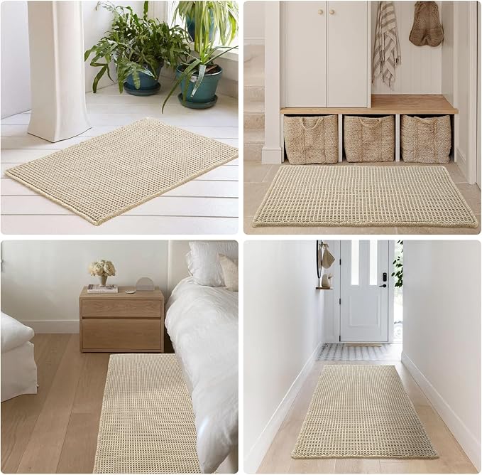 TYUU Waffle Bath Mat, Boho Bathroom Rugs Non Slip, 36x24 Pale Beige | Super Absorbent Quick Dry Bath Rug, Non-Slip Backing, Soft Waffle Washable Farmhouse Bathroom Mats, Tub, Shower & Home Decor