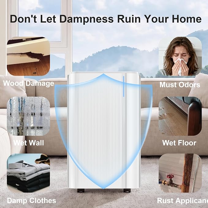 1500 Sq.Ft Dehumidifier for Basement with Drain Hose,24 Pints Dehumidifier for Home,Bedroom,Bathroom Low Noise With Smart Compressor,Intelligent Humidity Control, 24HR Timer