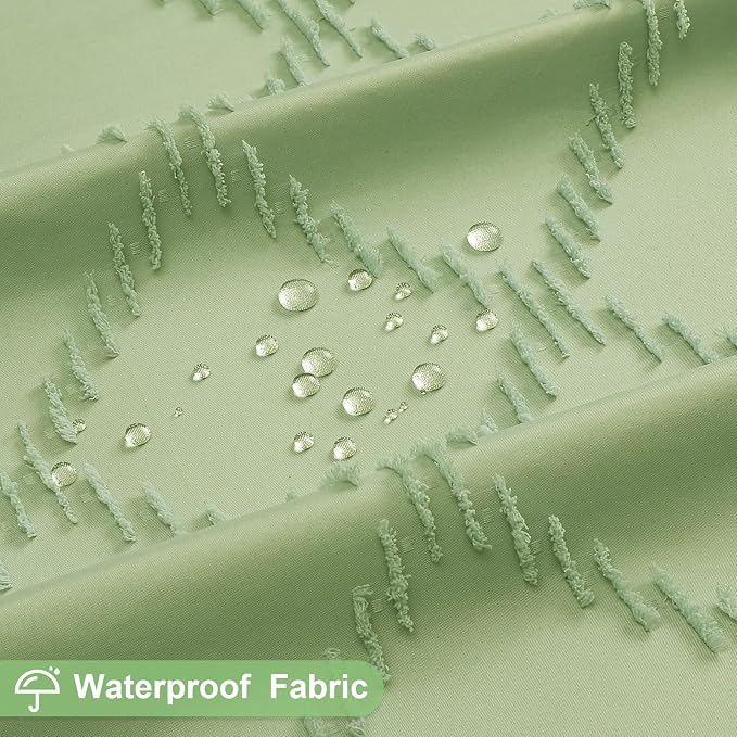 Sage Boho Woven Fabric Shower Curtain with Tassel 72 x 78, Tufted Textured | Modern Farmhouse Curtain for Bathroom, Long Bathroom Curtain, Minimalist Decor, Waterproof