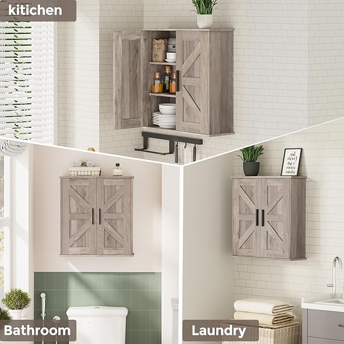 Bathroom Wall Cabinet, Over Toilet Storage Cabinet with Barn Doors and Adjustable Shelves, 3-Tier Medicine Cabinet Wall Mounted, for Bathroom, Kitchen, Entryway, Laundry Room, Greige, (7.9" D)