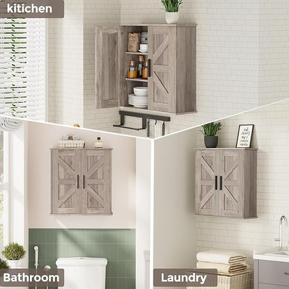 Bathroom Wall Cabinet, Over Toilet Storage Cabinet with Barn Doors and Adjustable Shelves, 3-Tier Medicine Cabinet Wall Mounted, for Bathroom, Kitchen, Entryway, Laundry Room, Greige, (7.9" D)