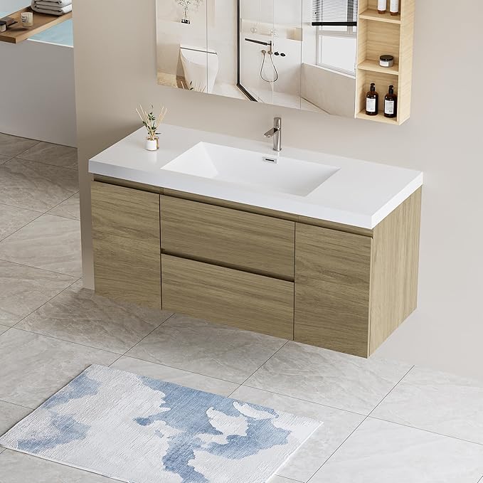 Wall Mounted 48 Inch Bathroom Vanity with Sink, Floating Vanity Bathroom, Single Sink Bathroom Vanity, 2 Drawers, 2 Soft Closing Doors, Resin Integrated Sink (Natural Oak)