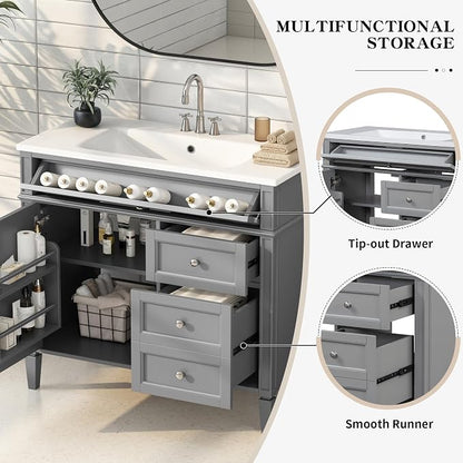 36" Bathroom Vanity Without Top Sink,Modern Freestanding Storage Cabinet with 2 Soft-Close Drawers & Tip-Out Tray,Solid Wood Frame Vanity Only w/Adjustable Shelf & Door Organizer,Grey
