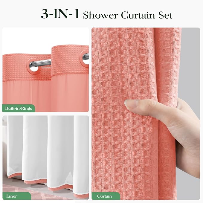 Coral Hook Free Waffle Shower Curtain & Snap-in Fabric Liner,72x81 | Less Time to install, 3 in 1 Fabric Shower Curtain and Liner Set with Magnets, Long, Shower Curtains for Bathroom