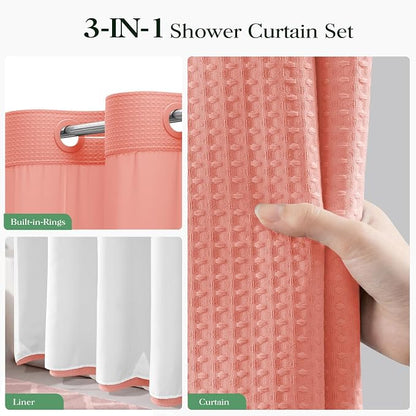 Coral Hook Free Waffle Shower Curtain & Snap-in Fabric Liner,72x81 | Less Time to install, 3 in 1 Fabric Shower Curtain and Liner Set with Magnets, Long, Shower Curtains for Bathroom