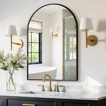 FGU Arched Bathroom Mirror for Over Sink 40"x28" Black Vanity Mirror | Wall Mounted, HD Tempered Shatter-Proof Glass, Rust-proof Arched Metal Frame, Arch Mirror for Bedroom, Living Room, Entryway