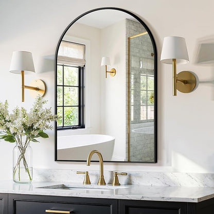 FGU Arched Bathroom Mirror for Over Sink 38"x26" Black Vanity Mirror | Wall Mounted, HD Tempered Shatter-Proof Glass, Rust-proof Arched Metal Frame, Arch Mirror for Bedroom, Living Room, Entryway