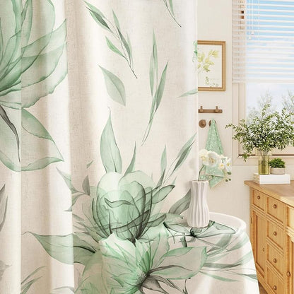 Litabel Farmhouse Green Floral Linen Shower Curtain, Boho Vintage Spring Cotton Shower Curtains for Chic Elegant Bathroom Decor, Ink Painting Style Blossom Fabric Bath Curtain, 72 x 72