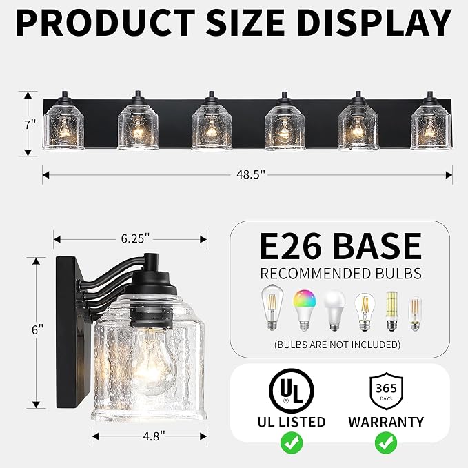 6-Light Bathroom Vanity Lights Large 48in with Bubble Glass Shades | Farmhouse Rustic style, Matte Black Metal Base, E26 Ceramic Socket, UL&ETL Listed, Up&Down Mountable, Hardwired, over Mirror