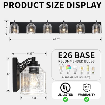 6-Light Bathroom Vanity Lights Large 48in with Bubble Glass Shades | Farmhouse Rustic style, Matte Black Metal Base, E26 Ceramic Socket, UL&ETL Listed, Up&Down Mountable, Hardwired, over Mirror