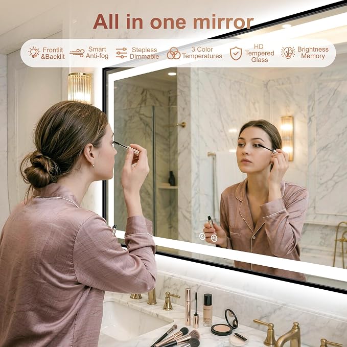 LED Bathroom Mirror with Lights, 30"x55" Black Framed Lighted Vanity Mirror | Anti-Fog, Dimmable 3 Color Temperature, Front & Backlit, Memory Function, Shatterproof Tempered Glass
