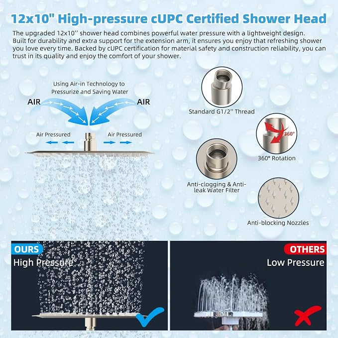 Hibbent All Metal CUPC Certified 12'' Rainfall Shower Head, Dual Shower Head Combo, High Pressure Handheld 4 Sprays Shower Wand, 16'' Adjustable Extension Arm, 71'' Hose, Shower Holder, Brushed Nickel