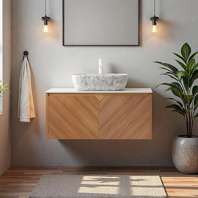 Floating Bathroom Vanity with Sink, 36" Bathroom Storage Cabinet with Sintered Stone Countertop & Marble-Pattern Ceramic Basin, Wall-Mounted Vanity with 2 Twill Pattern Doors, Brown Oak