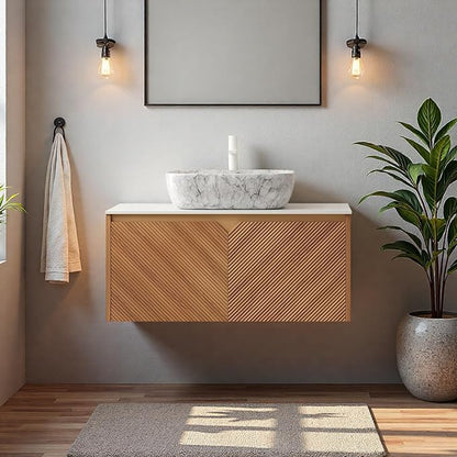 Floating Bathroom Vanity with Sink, 36" Bathroom Storage Cabinet with Sintered Stone Countertop & Marble-Pattern Ceramic Basin, Wall-Mounted Vanity with 2 Twill Pattern Doors, Brown Oak