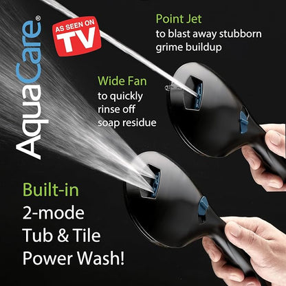 AquaCare New 8-mode High Pressure Handheld Shower Head w/ 2-way Power Wash | Stay Clean Nozzles, Dual Power Wash for Tub, Tile & Pets, Long 6 ft. Stainless Steel Hose, Wall & Overhead Brackets / Black