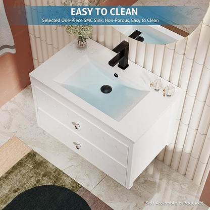 eclife 30" Floating Bathroom Vanity with Sink Combo, Modern Painted Wall-Mounted Vanities Storage Cabinet with Scalloped Decor, Undermount Basin, Faucet, Drain, White