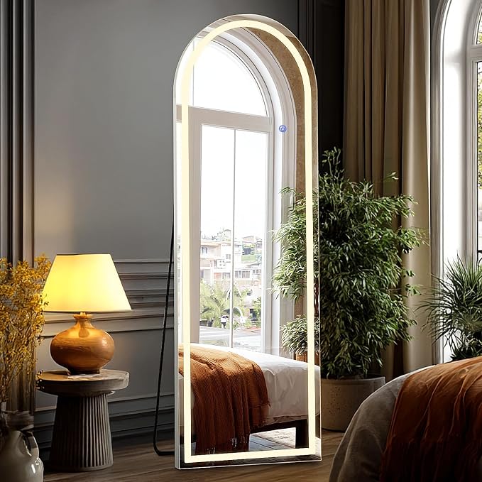 DUMOS Arched LED Mirror Full Length Standing, 16"x60" Full Body Wall Mirror | LED Lights 3 Color Lighting and Shatterproof Tempered Glass, Wall Hanging or Leaning, Floor Standing, Modern Home Decor