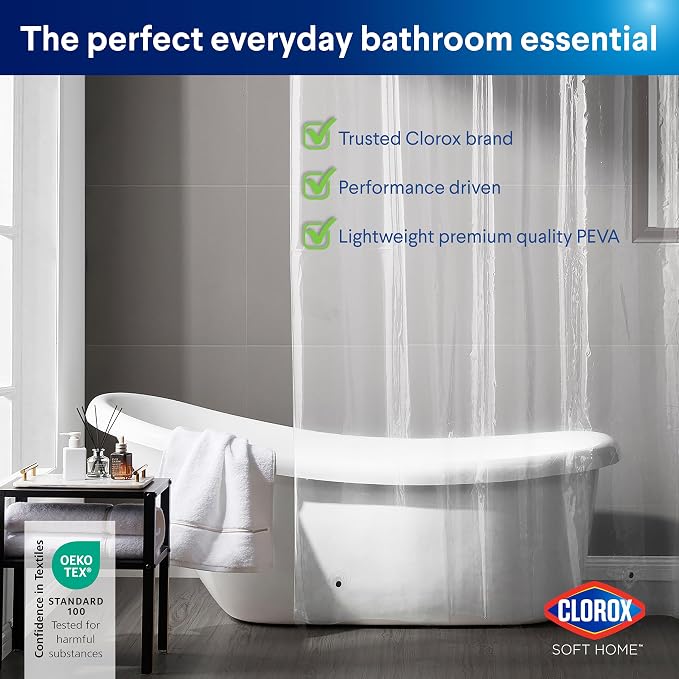 Clorox Shower Curtain Liner, Premium Lightweight Flexible Waterproof 3g PEVA for Bathroom with Weighted Magnets, Standard Size 70" x 72", Clear 2 Pack
