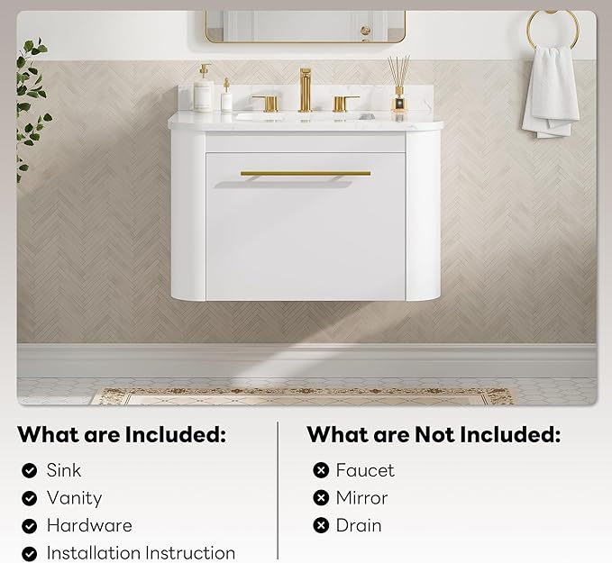 LIKIMIO 30" Bathroom Vanity with Sink, Floating Bathroom Vanity with 1 Drawer, Engineered Stone Countertop with Undermount Ceramic Sink, Wall Mounted Bathroom Vanity, Gold Handle, Easy Assembly, White